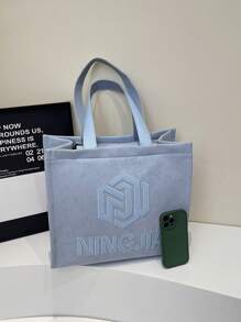 1 Stück modischer minimalistischer Buchstaben-Muster Segeltuch-Tragetasche - große Kapazität, Reißverschluss, geeignet für Arbeit oder täglichen Gebrauch - Blau - Übersicht 7