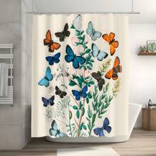 1pc Letter & Leaf Print Farmhouse Style Polyester Fabric Shower Curtain, Suitable For Bathroom Partition Home Decor, Comes With 12pcs Hooks Back To School