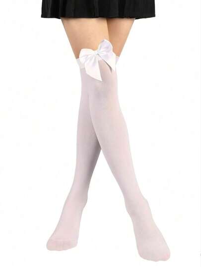 1pc Minimalist Bow Decor Smooth Soft Thigh High Socks