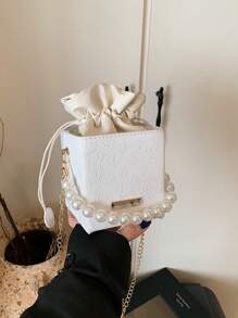 1 buah Tas Selempang Mini dengan Hiasan Rantai Mutiara untuk Kacamata Baca, Tas Serut PU, Modis untuk Penggunaan Sehari-hari Wanita, Tas Mutiara Elegan - Putih - View 6