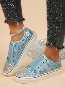 女士休闲圆头平底帆布便鞋，彩色闪光设计，舒适低帮，时尚百搭
