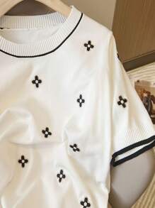 New Knit Versatile Short Sleeve Top, Casual Minimalist Loose Fit Round Neck Embroidered Lightweight