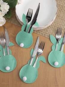 4 件复活节兔子无纺布刀叉套、毛绒尾巴银器餐具收纳袋、节日餐桌装饰