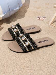 A Pair Of Children's Slippers Summer New Style, Rhinestone Decoration, Children Wear Slippers, Summer Little Girls Soft Sole Fashion Sandals, Casual Girls Princess Shoes, Non-Slip Beach Shoes, Suitable For Indoor And Outdoor, Baby - Black - View 4