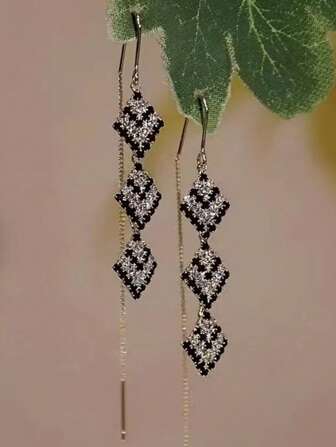 1 对优雅韩国几何流苏长耳环，高品质闪亮吊坠耳环适合圆脸