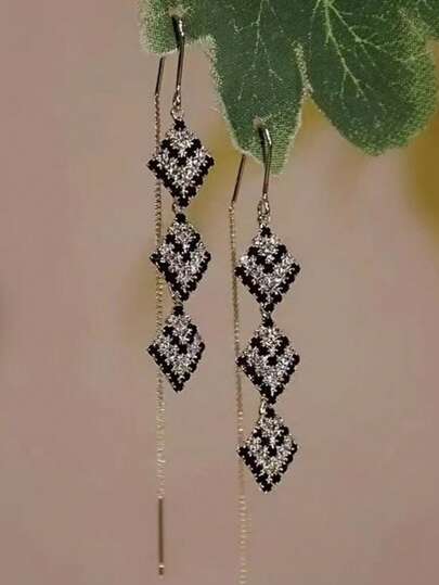 1 Pair Elegant Korea Geometric Tassel Long Earrings, High-Quality Shiny Hanging Eardrops Suitable For Round Face