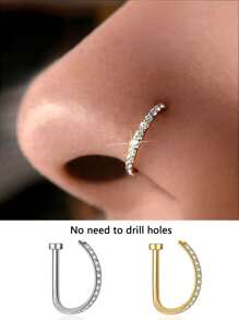 2 Pieces/1-Piece Fashion Nose Rings, Gold And Silver Stainless Steel Nose Rings, Non-Piercing Design Fake Nose Rings, Punk Style, Hip Hop Style, D-Shaped Nose Rings, Crystal Nose Rings, Zirconia-Inlaid Fake Nose Rings