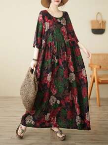 2026夏季新款波西米亚风度假沙滩连衣裙，女士休闲度假长裙，优雅日常连衣裙，大码女装，圆领印花宽松连衣裙 - 彩色 - 查看 4