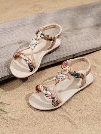 2025 New Sandal, Children's Sandal, Beach Sandal, Famous Style Sandal, Fashion Color Beige Sandal, Bright Diamond Sandal, Bohemian Style Sandal, Comfortable And Wear-Resistant, Hand-Woven Belt,
