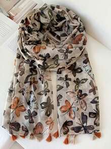 Lovely Butterfly Linen Feel Scarf, Lightweight & Breathable Holiday Beach Towel Wrap, Tassel Decor, Elegant Design Fashion Shawl & Head Scarf, New Arrival - Multicolor - View 10