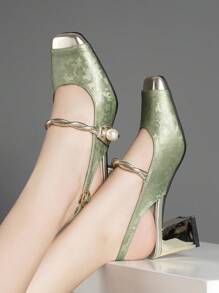 Square Toe Embroidered High Heel Shoes, Women Chunky Heel Casual Pumps