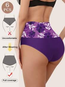 6 Pcs Elegant Floral High-Waisted Shapewear Panties, Comfortable Nylon Underwear With Medium Stretch, Breathable Knit Fabric - 彩色 - 查看 2
