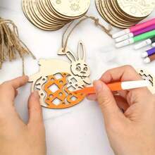 木制 DIY 空心蛋吊坠、复活节挂饰、复活节家庭聚会装饰绘画礼物、兔子蛋木片吊坠、派对用品、节日礼物 - 彩色 - 查看 3