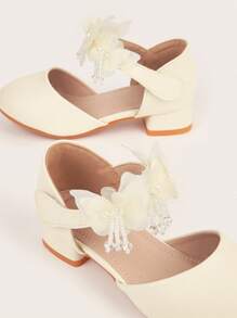 1 双女童幼儿蝴蝶结 PU 皮革高跟鞋圆头舒适防滑鞋，白色和粉色，优雅时尚百搭，表演/派对鞋，适合春季、夏季、秋季