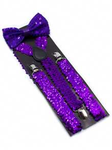 2 件亮片吊带和蝴蝶结套装，男女通用青少年款，纯色，Y 型背带和蝴蝶结套装