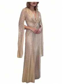 Long Sleeve Slit Design Dress, Elegant Rose Gold Suitable For Party Dinner, Women's Wear, For Cocktail