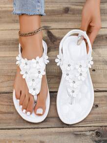 Sandalias playeras planas blancas talla grande para mujer, nuevas sandalias informales tipo slides con adorno de flor bohemia y pedrería en el dedo del pie abierto para mujer - Blanco - Ver 3