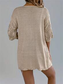 New Summer Hollow-Out Short Sleeve Knitted Cardigan Cover Up Outwear For Women, Suitable For Beach & Vacation - Khaki - View 2