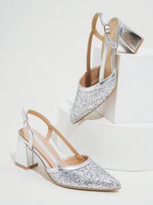 Pointy Toe Silver Sexy Single Buckle Strap Chunky High Heel Slip-On Backless Pumps, Versatile New Style - Silver - View 6