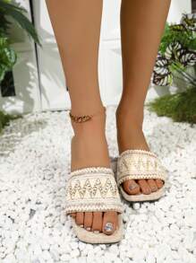 Wide Fit Women Flat Sandals Strap Flat Open-Toe Square-Toe Slippers Bohemian Style Woven Rope Outdoor Beach Shoes - Beige - View 2