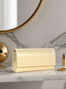 Elegant Women's Evening Handbag, Striped Polyester Tote Bag With Glitter Decor, Lightweight Crossbody Bag With Detachable Shoulder Strap, Magnetic Closure, Polyester Lining, Painted Edge Details, Suitable For Business, Formal Events, Parties - Gold/Silver Grey