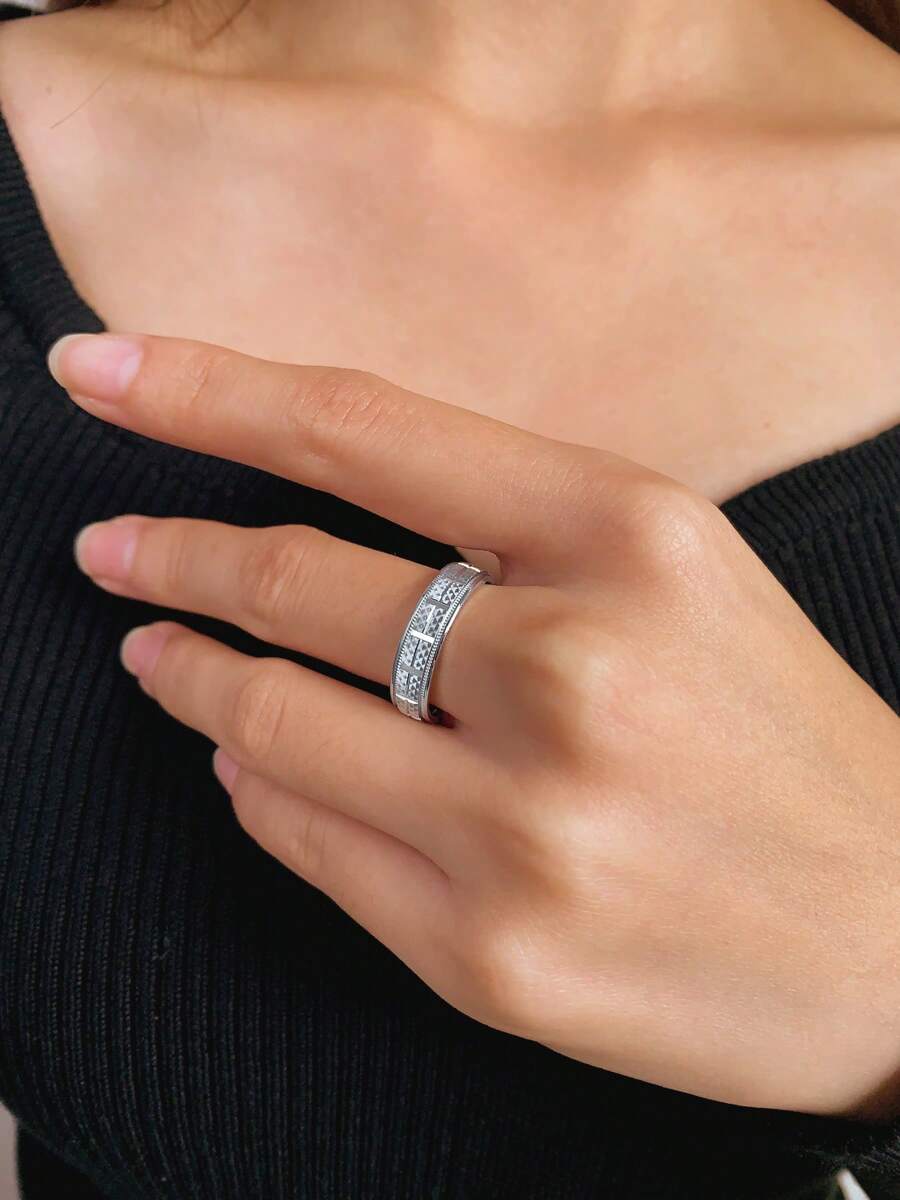 欧美风格对称几何 S925 纯银 CNC 加工订婚戒指，独特而奢华，周年纪念日/情人节送给爱人的礼物，适合商务聚会和日常佩戴 - 銀色 - 查看 1