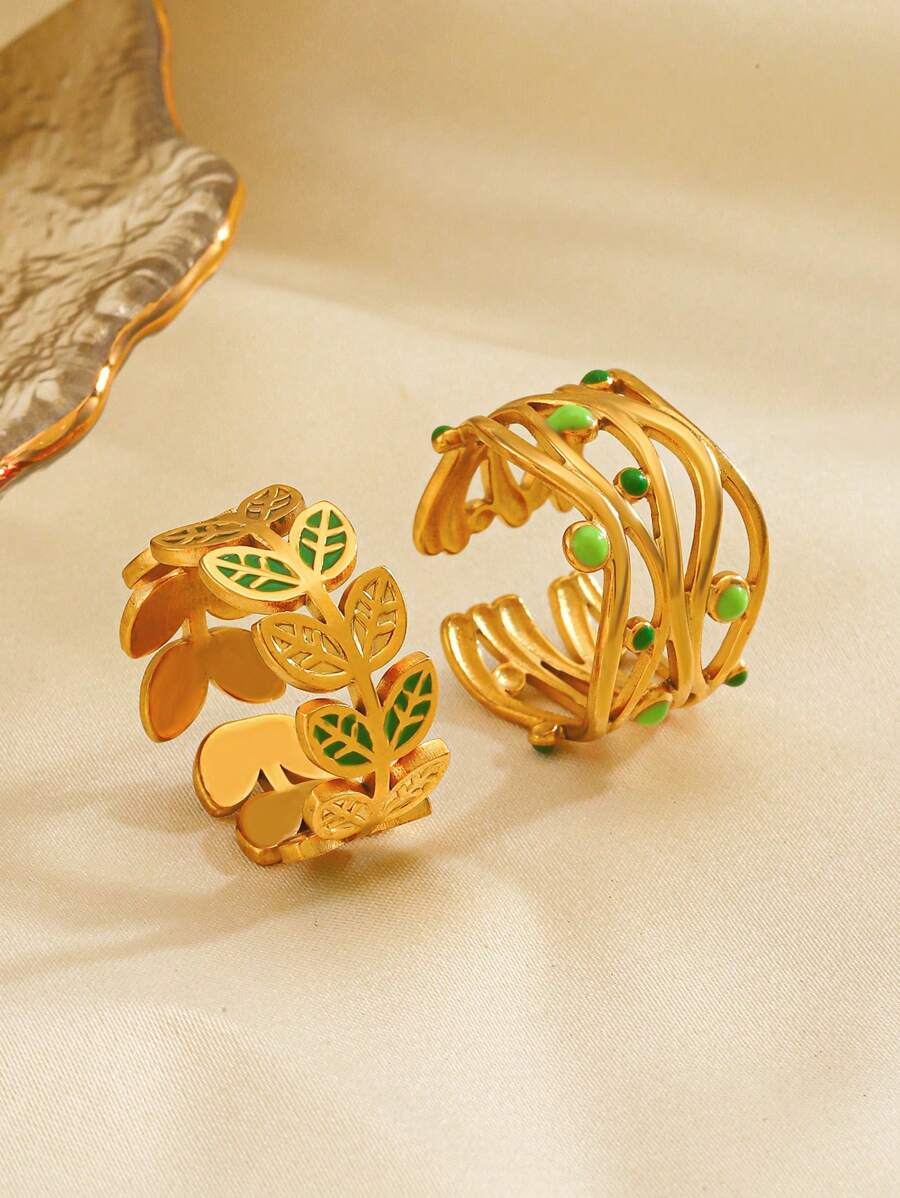 2 chiếc nhẫn hở bằng thép không gỉ thiết kế hình lá xanh đơn giản dành cho nữ, đeo hàng ngày - Nhiều màu - Xem 1