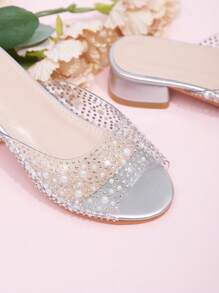 1 Pair New Summer Fashion Crystal Heel Little Girl High Heel Sandals, Girls Party Outdoor Performance Shoes, Party Princess High Heel Slippers Suitable For Wedding, Party - Silver - View 4