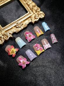 10pcs Duck Nails Handemade Press On Nails For Party And Daily Wear, 3D Rhinwstones, Flowers Handmade Flower Shaping For Girls, Easy To Wear10pcs Y2K, Short Nails And Medium Nials Shiny Atirficial Gems, Suitable For Girls And Women Festivals Parties And Daily Wear