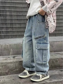 Jeans droits en denim lavé épais de style américain avec fermeture éclair pour adolescents/garçons, pantalons décontractés pour enfants, printemps automne