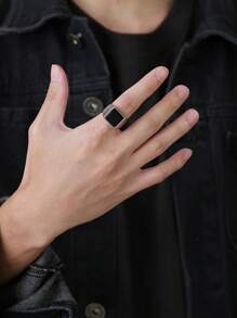 1pc Men's Simple Geometric Ring Steel/Black Color Flat Wide Band Ring - Silver - View 7