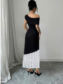 Keke Bloomly New Women's Asymmetrical Shoulder Fitted Mermaid Rose Romantic Floral Patchwork Long Dress, Valentine's Day Outfit, Autumn New Arrival, Suitable For Parties - Black and White - View 3