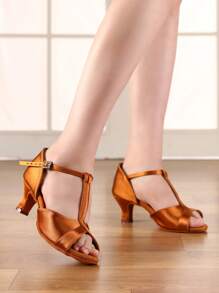 Ladies Latin Dance Shoes, T-Belt Design, Brown Salsa Dance Shoes, Ballroom Performance Practice Dance Shoes, Dancing Sandals - Brown - View 4