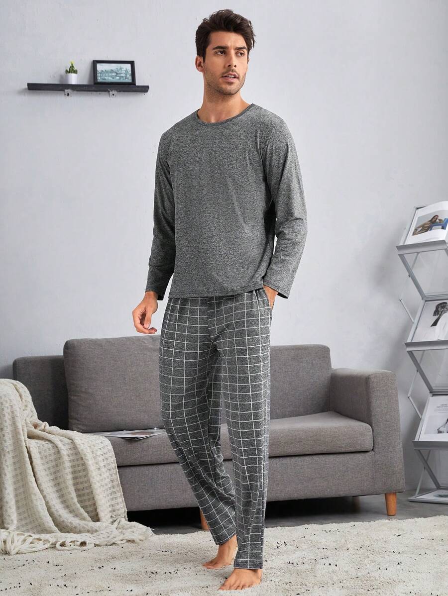 2pcs Men's Sleepwear Set, Crew Neck Top And Pants - Dark Grey - View 1