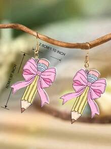 1 Pair Unique Acrylic Pencil & Bowknot Design Earrings, Creative Leopard, Cow Print, Plaid Pattern Drops For Graduation, Back-To-School, Teacher's Day, Please Remove Protective Film Before Use