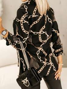 Koszula damska z długim rękawem i nadrukiem na całej powierzchni, prosta, swobodna