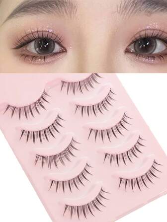 5 对全条式假睫毛 - 自然卷曲、浓密、纤长、柔软、交叉、有翼、黑色条带但不扎人、迷人的卡通外观、可重复使用、适合日常生活、欧美风格、便携、易于粘贴