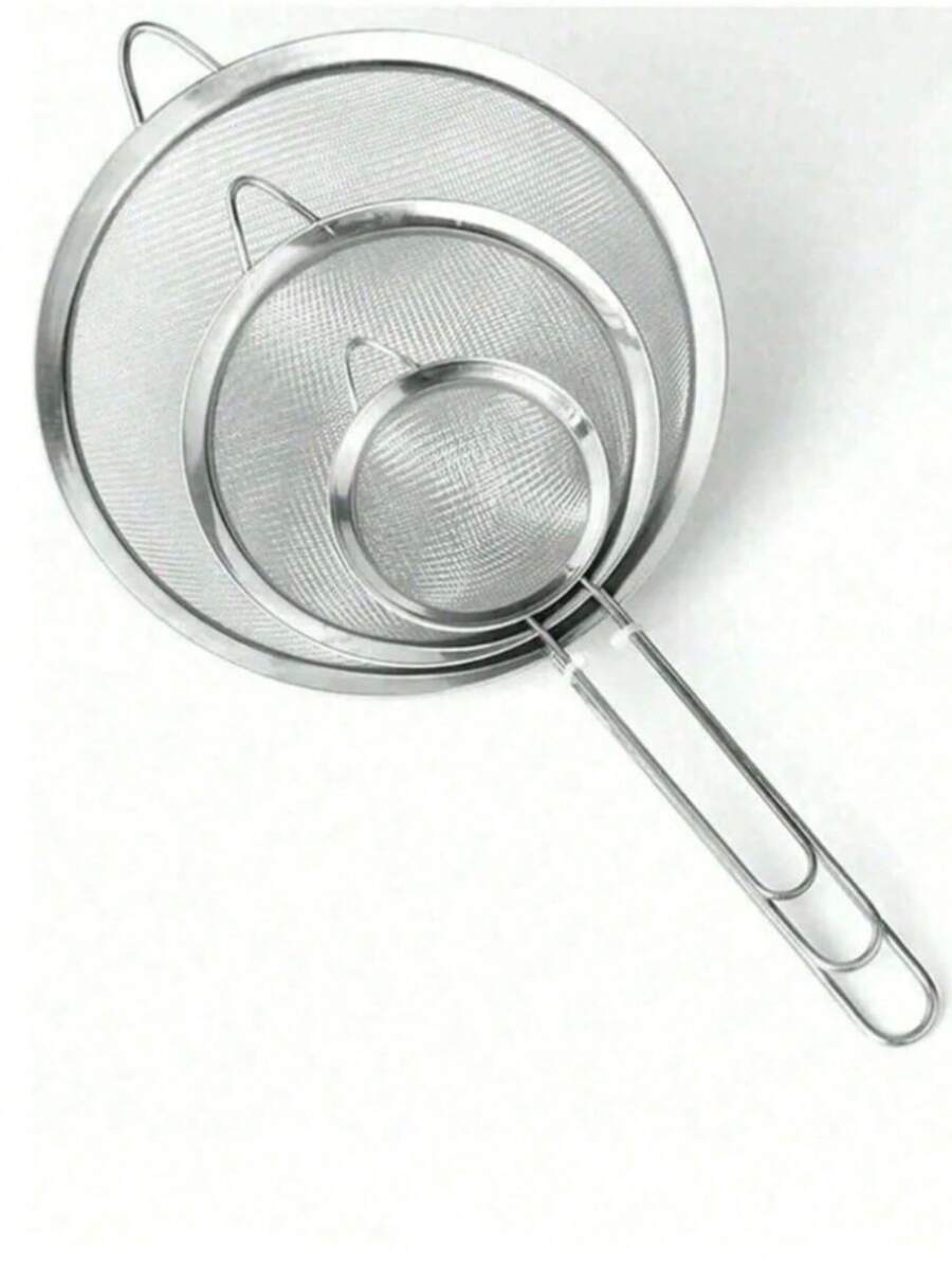 1pc/3pcs(S-M-L) Stainless Steel Fine Mesh Strainer With Handle - Kitchen Tool For Sifting And Sieving - Multicolor - View 1
