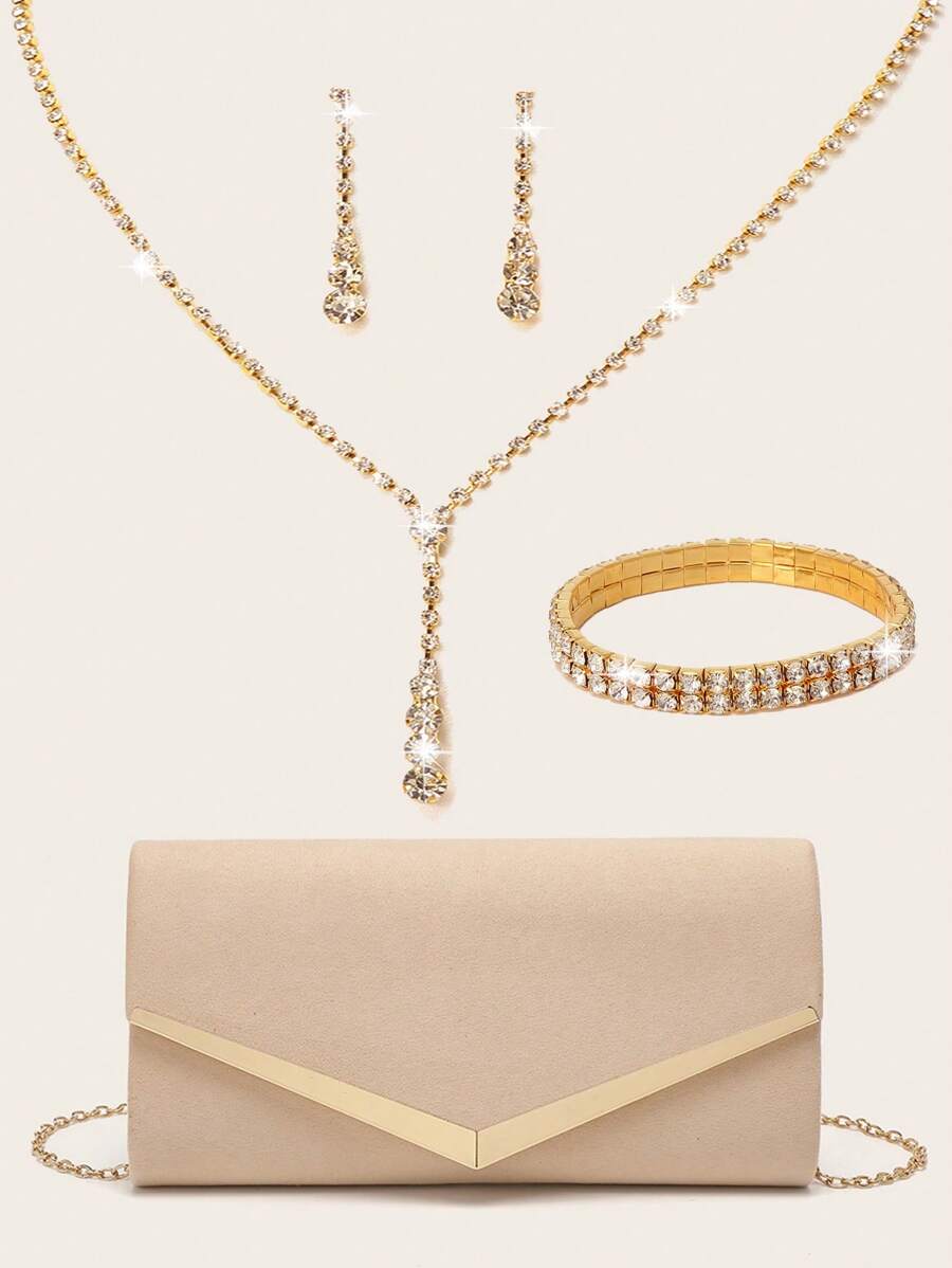 Women's Rhinestone Jewelry Rhinestone Jewelry Set Sparkling Necklace Earrings Bracelet Set Sparkling Wallet Handbag V-Shaped Metal Flip Handbag Velvet Elegant Envelope Bag Handbag Banquet Bag Handbag Women's Ball Handbag Metal Chain Handbag Wedding Party Handbag Cocktail Party Wedding New Wallet Banquet Bag Evening Dress Women's Bridal Evening Dress Ball - Apricot - View 1