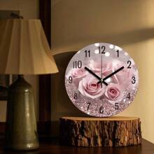 20x20厘米粉色玫瑰闪光墙饰 - 圆形铁艺标牌，饰以优雅的粉色玫瑰和闪亮背景，适合家居、咖啡馆、办公室或派对装饰，独特的节日礼物之选，玫瑰墙饰，非常适合房间装饰，并非真正的时钟 - 彩色 - 查看 4