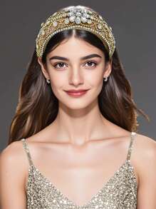 1 Piece Of Women Shiny Khaki Retro Palace Style Velvet Sponge Headband Elegant Gorgeous Personalized Rhinestone Flower Design Hair Accessories For Brides Wedding Bridesmaids Gifts Daily Styling Accessories,Hairband,Hair Hoop