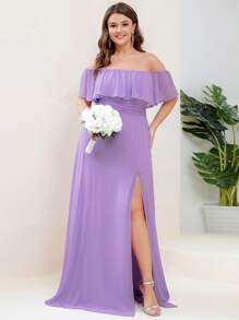 EVERPRETTY Plus Size Women's Solid Color Ruffle Off Shoulder Elegant Bridesmaid Dress - Mauve Purple - View 4