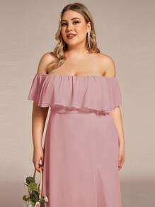 EVERPRETTY Plus Size Elegant Solid Color Off Shoulder Split Bridesmaid Dress - Baby Pink - View 5