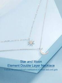 A New Style Of Stacking! Double-Layer Necklace Of Star And Moon Elements, Shining Stars And Diamond-Inlaid Crescent Pendant, Unlocking The Personalized Combination Of Sweet And Cool Girls - Silver - View 6