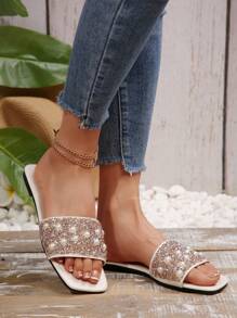 Plus Size Women's Slip-On Rhinestone Decor Sandals, Casual Versatile Outdoor Plastic Flat Slides