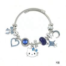 Conjunto con licencia de Sanrio de Hello Kitty de 3 piezas - Pulsera, Collar, Aretes con colgante en forma de corazón, ajustable, Charm de personaje de dibujos animados, joyería de metal rosa, regalo dulce de cumpleaños o San Valentín para niñas, amigos y familia