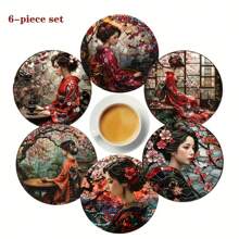 6 Pieces Set, Japanese-Style Kimono Ladies Art Wooden Coasters, Heat-Resistant, Suitable For Drinks And Coffee, Very Suitable For Office, Kitchen, Table Decoration, Unique Art Desktop Protector, Perfect Birthday And Christmas Gifts