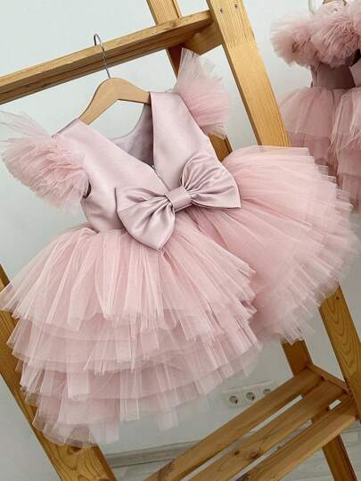 Baby Girls Butterfly Sleeve Pink Tulle Elegant Princess Party Dress, Suitable For Girl's 1st Birthday, Wedding, Party, Holiday Celebration