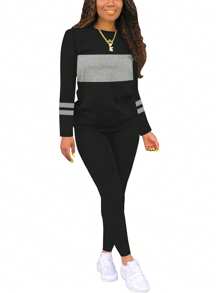 Striped Colorblock Print Long Sleeve Sports Suit, Sweatshirt And Sweatpants Set Black Spring - Black - View 4