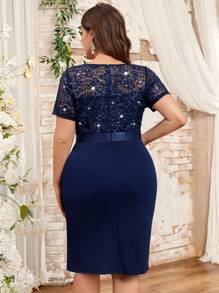 Plus V-Neck Sequin Lace Bodice Ruffle Hem Evening Party Bodycon Dress, Elegant Semi Formal Wedding Guest Dress, For Birthday, Graduation, Dinner Date - Navy Blue - View 2